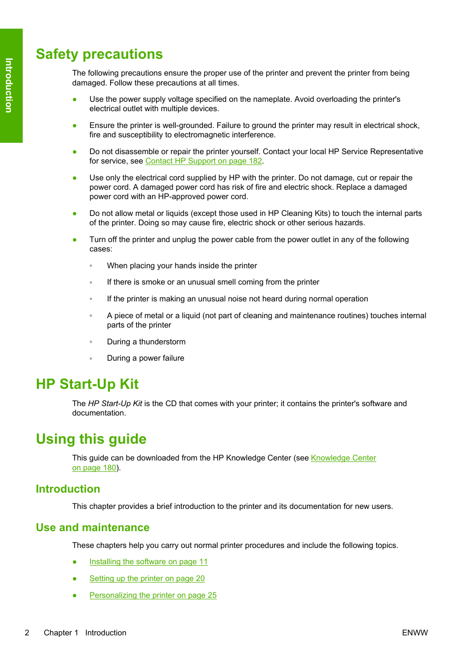 Safety precautions, Hp start-up kit, Using this guide | Introduction, Use and maintenance | HP Designjet T1200 Printer series User Manual | Page 10 / 200