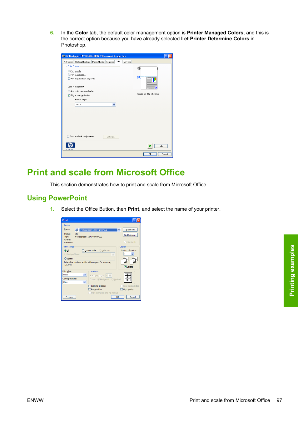 Print and scale from microsoft office, Using powerpoint | HP Designjet T1200 Printer series User Manual | Page 105 / 200