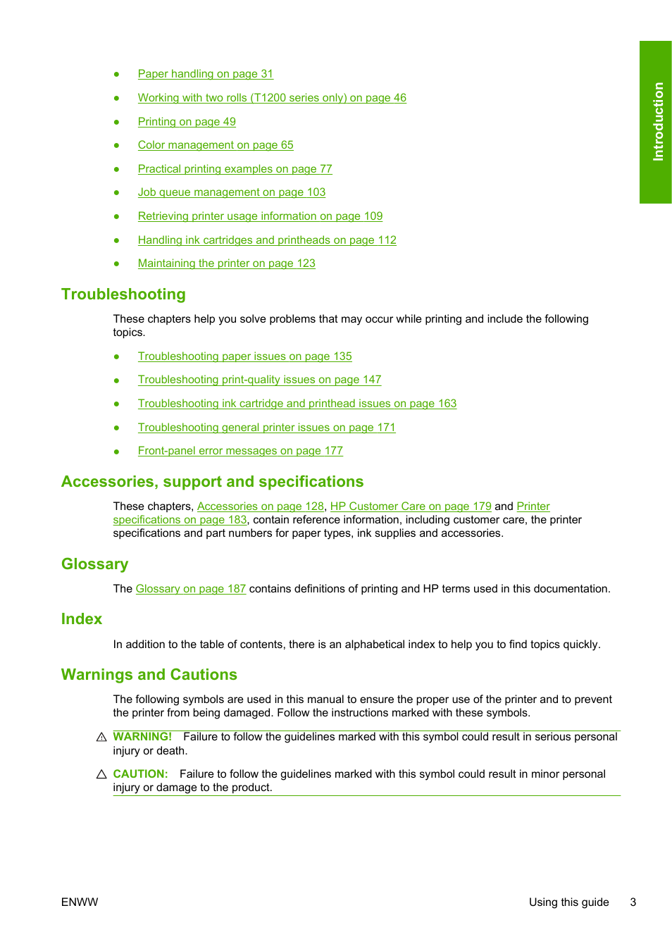 Troubleshooting, Accessories, support and specifications, Glossary | Index, Warnings and cautions | HP Designjet T1200 Printer series User Manual | Page 11 / 200