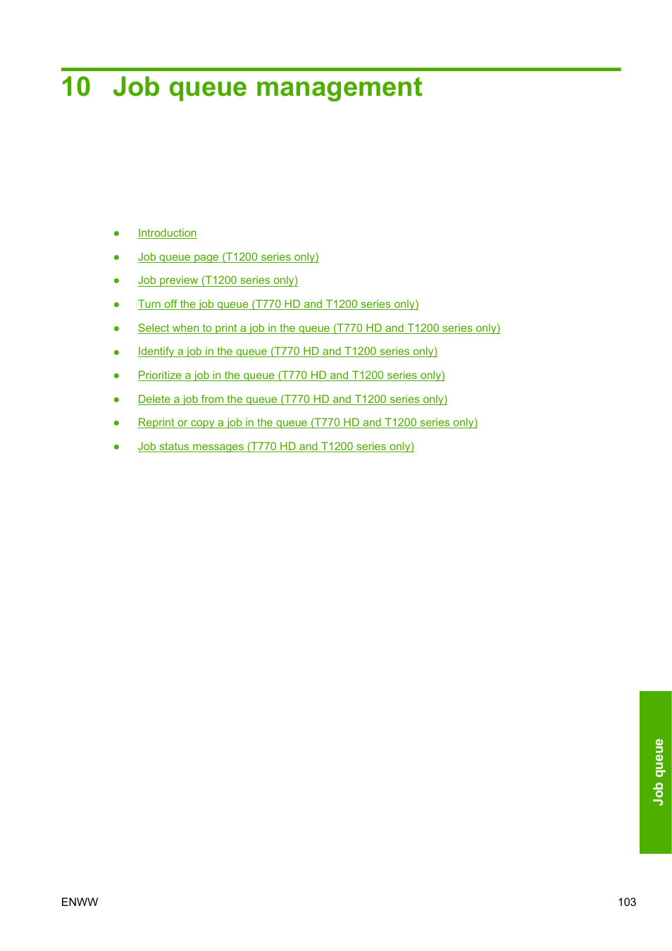 Job queue management, 10 job queue management | HP Designjet T1200 Printer series User Manual | Page 111 / 200