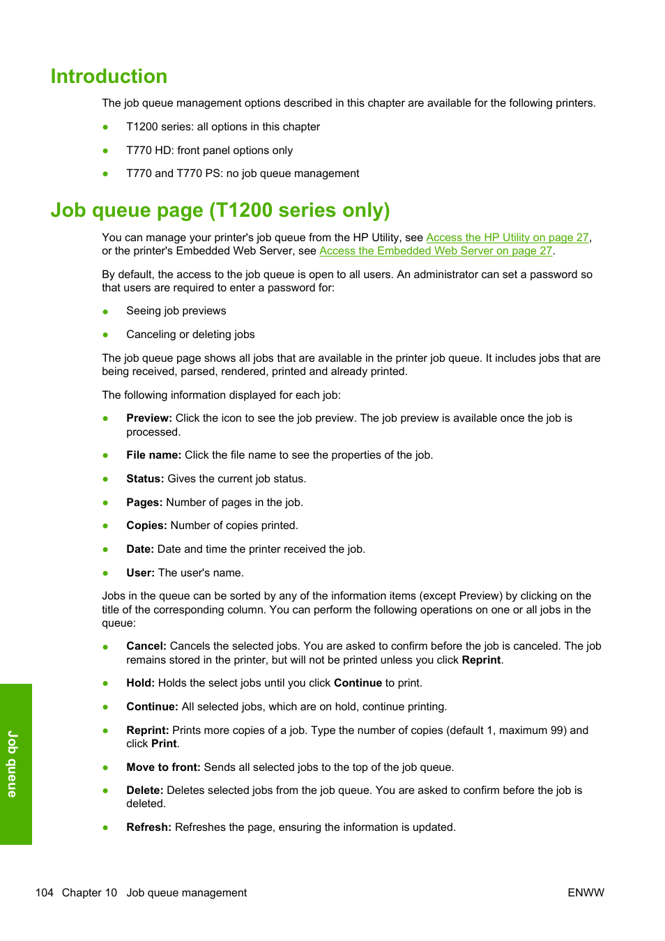 Introduction, Job queue page (t1200 series only) | HP Designjet T1200 Printer series User Manual | Page 112 / 200