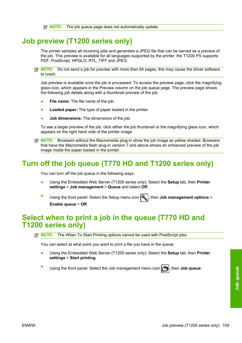 Job preview (t1200 series only), Enabled (see, Turn off the job | Then | HP Designjet T1200 Printer series User Manual | Page 113 / 200