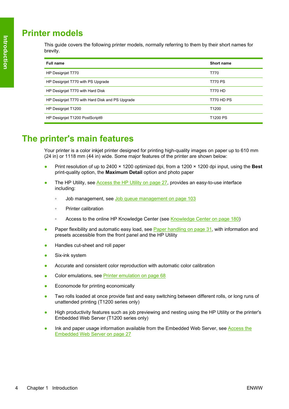 Printer models, The printer's main features, Printer models the printer's main features | Introduction | HP Designjet T1200 Printer series User Manual | Page 12 / 200