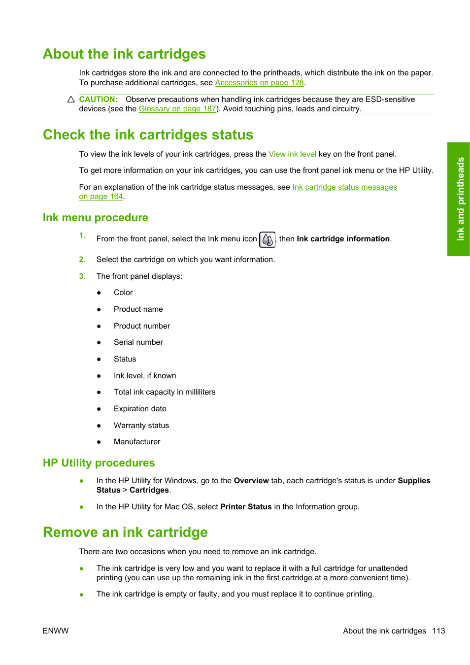 About the ink cartridges, Check the ink cartridges status, Ink menu procedure | Hp utility procedures, Remove an ink cartridge | HP Designjet T1200 Printer series User Manual | Page 121 / 200
