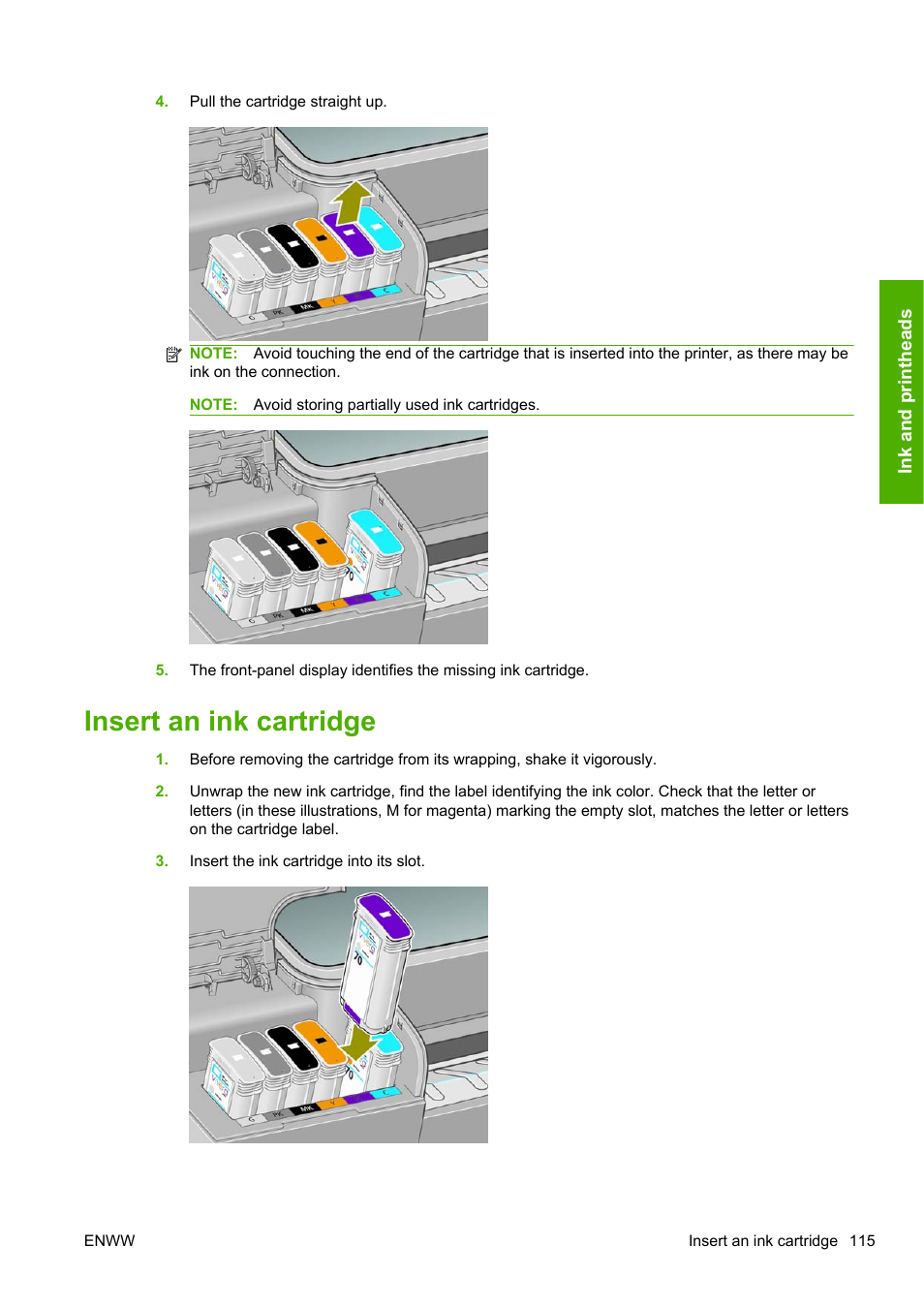 Insert an ink cartridge | HP Designjet T1200 Printer series User Manual | Page 123 / 200