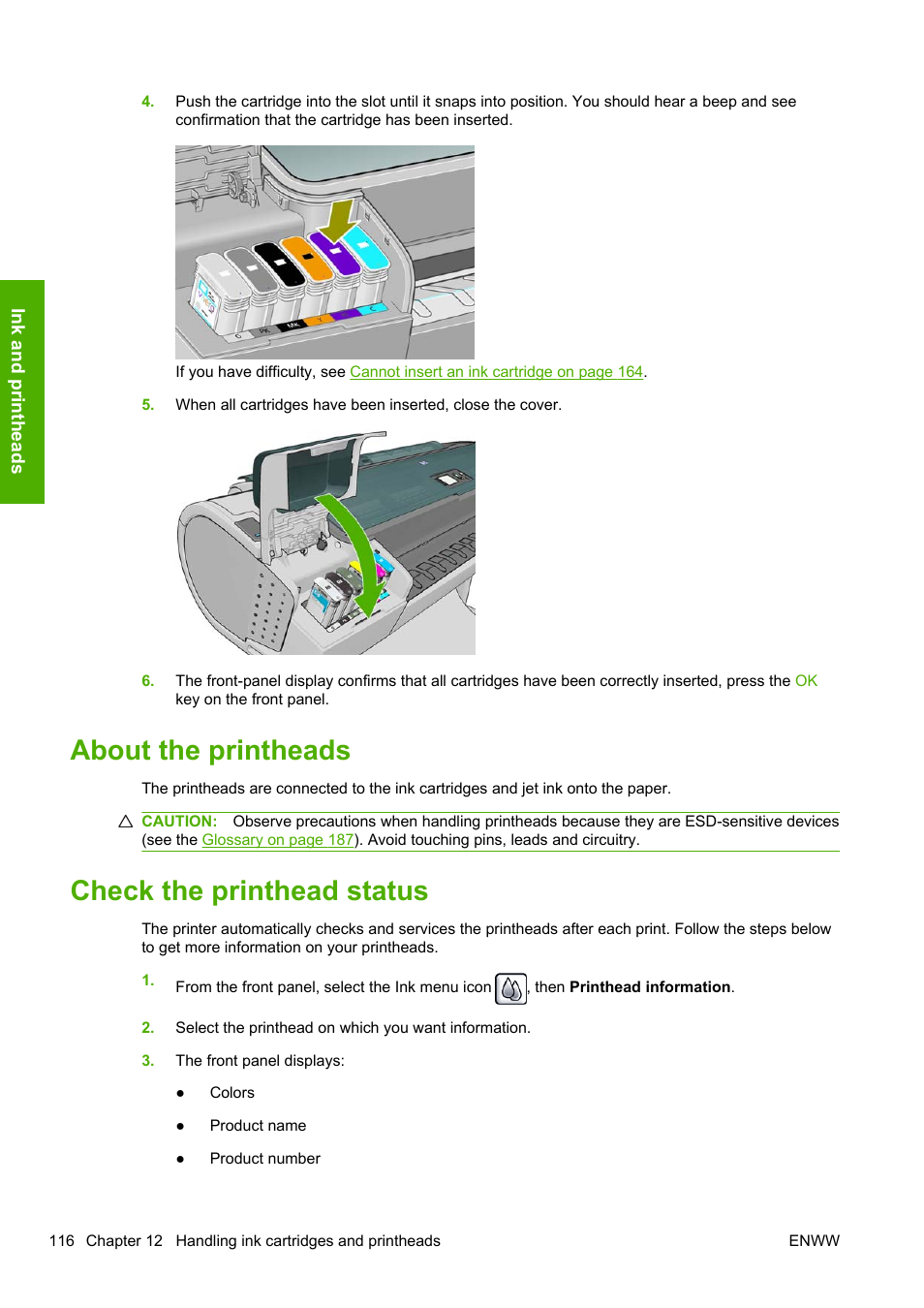 About the printheads, Check the printhead status, About the printheads check the printhead status | HP Designjet T1200 Printer series User Manual | Page 124 / 200