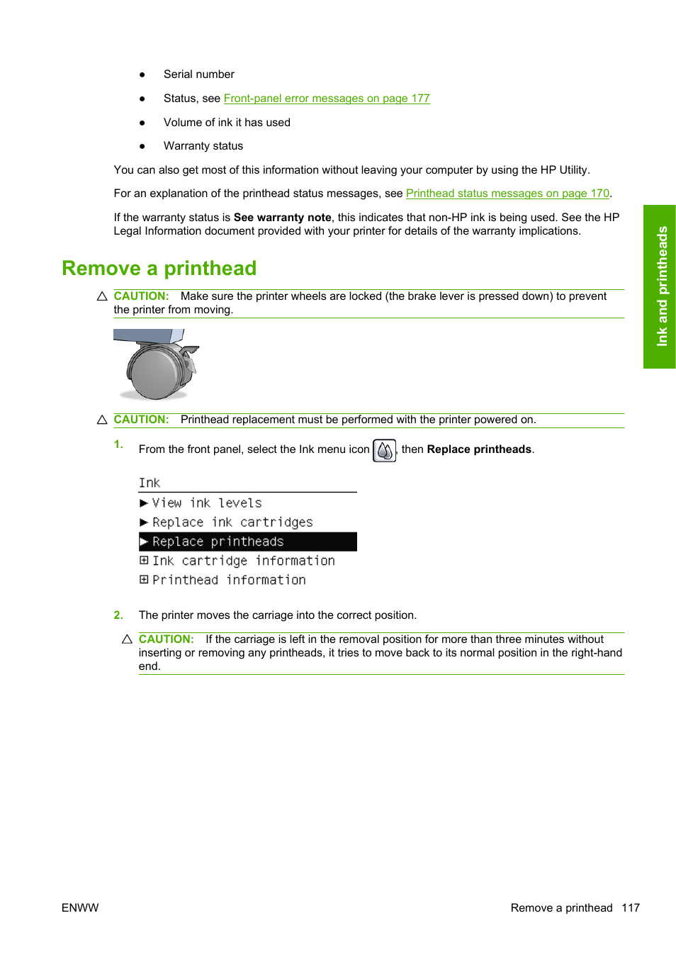 Remove a printhead | HP Designjet T1200 Printer series User Manual | Page 125 / 200