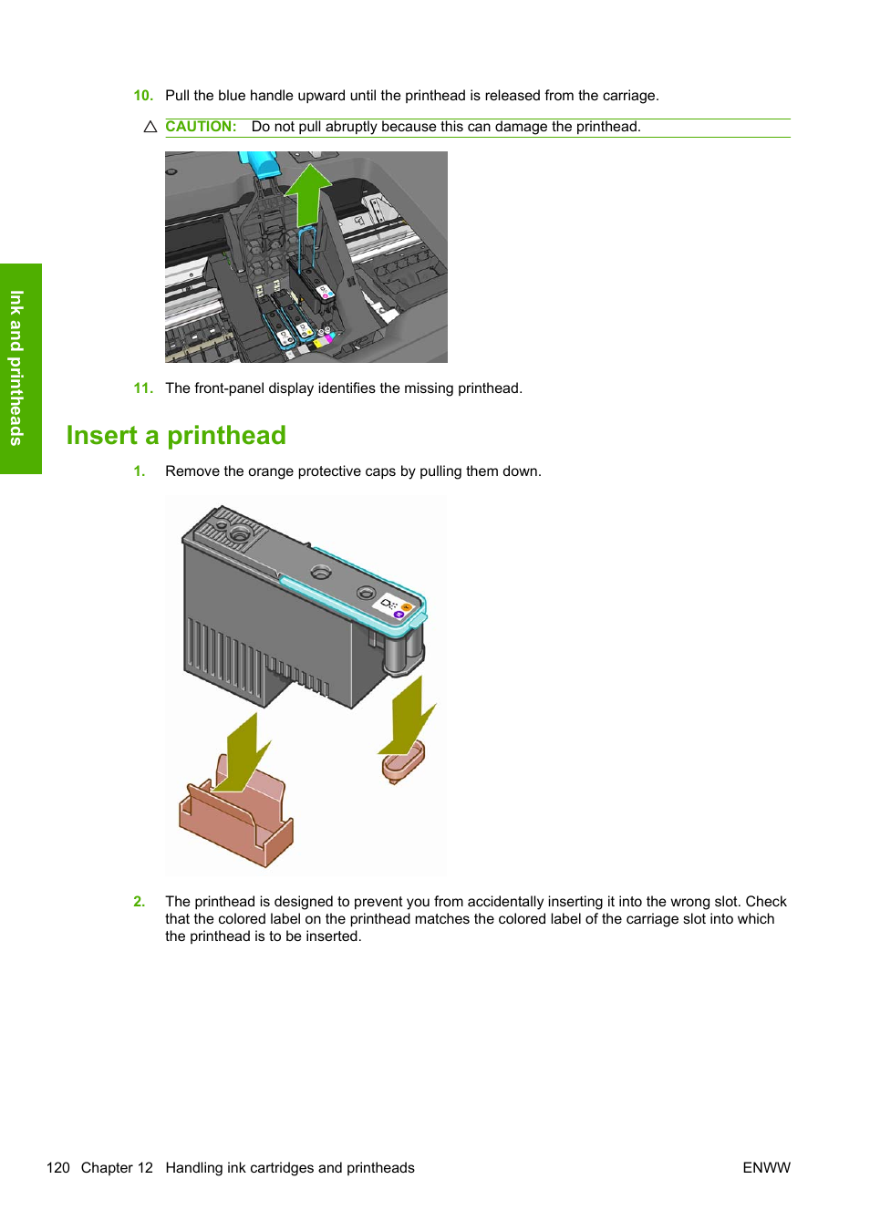Insert a printhead | HP Designjet T1200 Printer series User Manual | Page 128 / 200