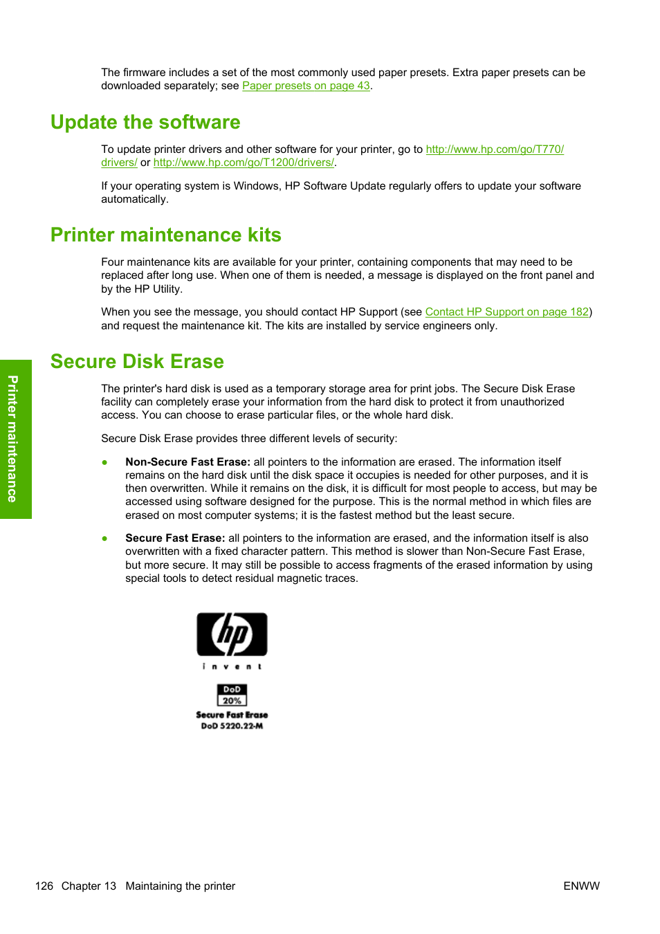 Update the software, Printer maintenance kits, Secure disk erase | HP Designjet T1200 Printer series User Manual | Page 134 / 200