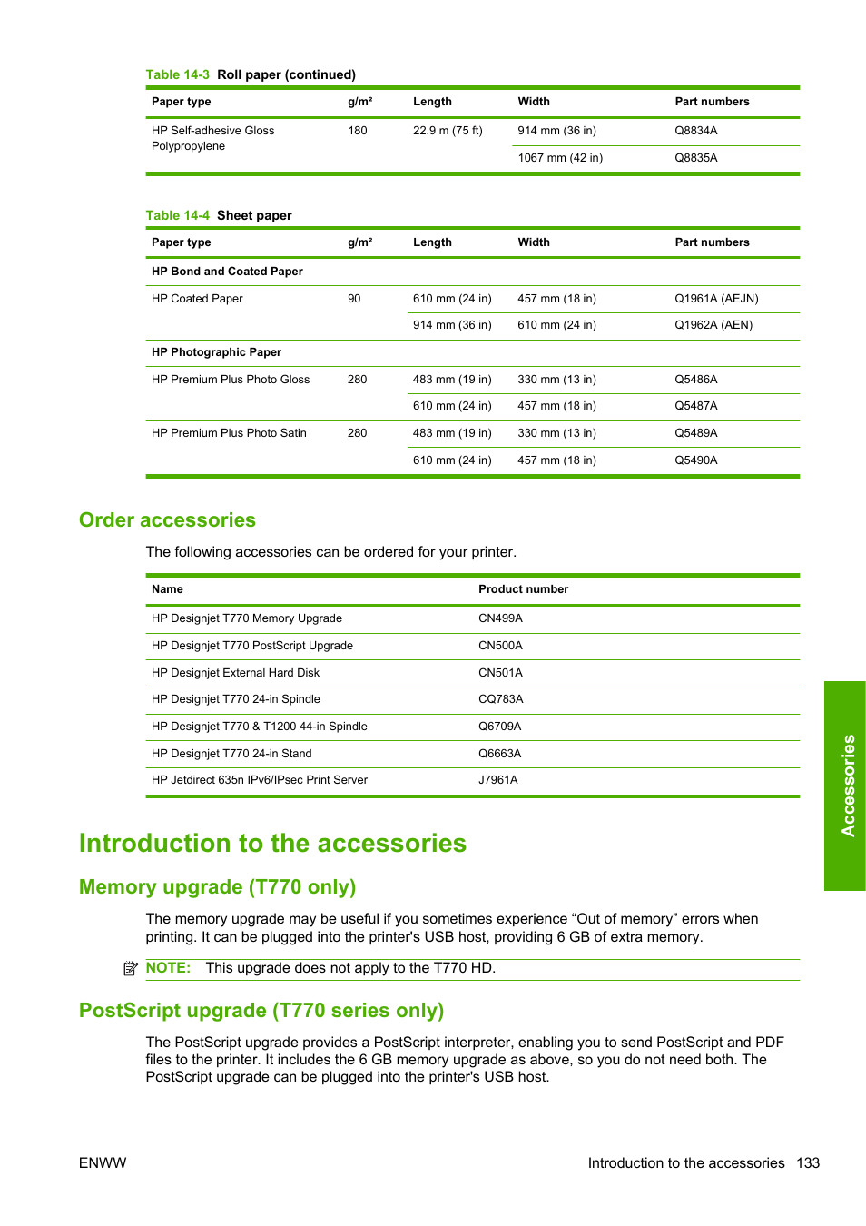 Order accessories, Introduction to the accessories, Memory upgrade (t770 only) | Postscript upgrade (t770 series only), Accessories | HP Designjet T1200 Printer series User Manual | Page 141 / 200
