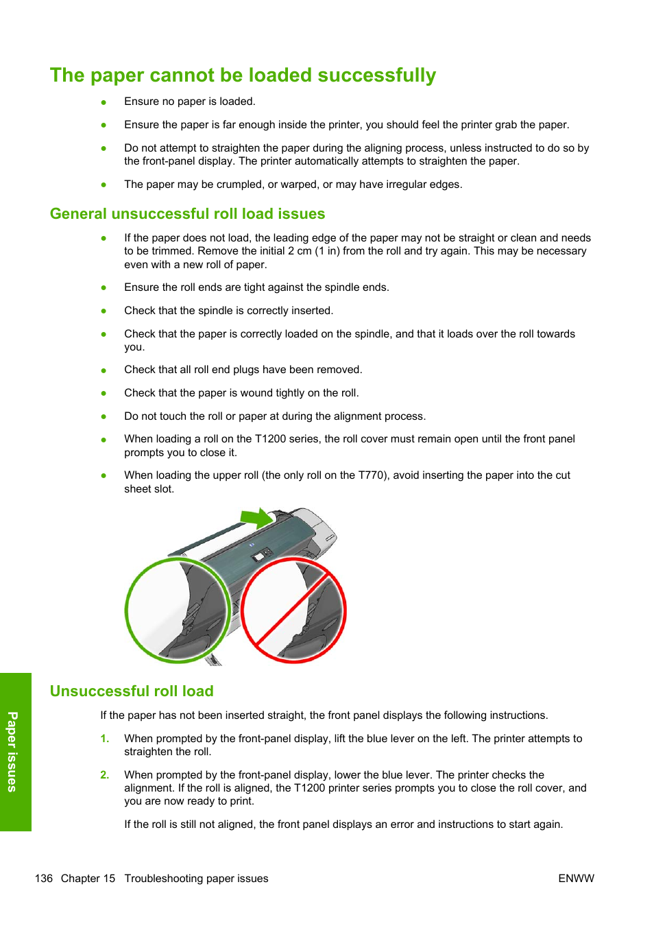 The paper cannot be loaded successfully, General unsuccessful roll load issues, Unsuccessful roll load | The paper | HP Designjet T1200 Printer series User Manual | Page 144 / 200
