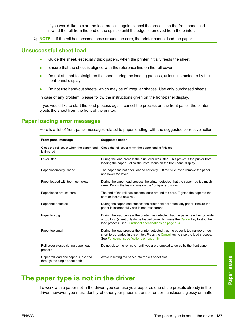 Unsuccessful sheet load, Paper loading error messages, The paper type is not in the driver | Paper issues | HP Designjet T1200 Printer series User Manual | Page 145 / 200