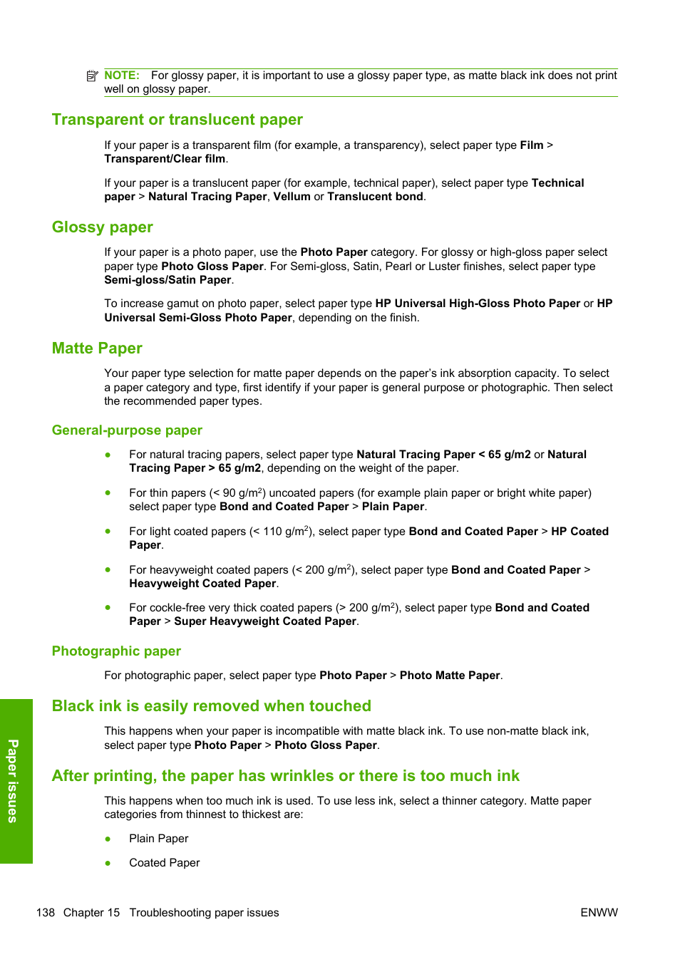 Transparent or translucent paper, Glossy paper, Matte paper | General-purpose paper, Photographic paper, Black ink is easily removed when touched | HP Designjet T1200 Printer series User Manual | Page 146 / 200