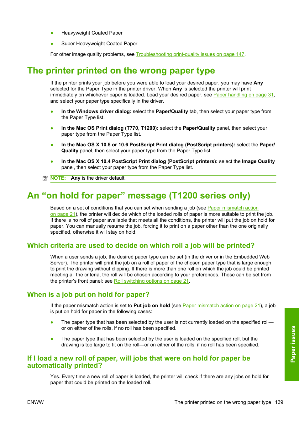 The printer printed on the wrong paper type, An “on hold for paper” message (t1200 series only), When is a job put on hold for paper | HP Designjet T1200 Printer series User Manual | Page 147 / 200