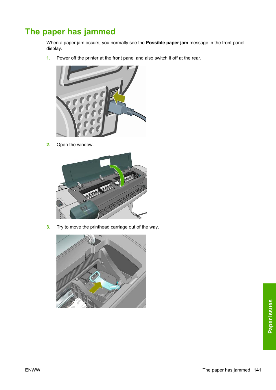 The paper has jammed | HP Designjet T1200 Printer series User Manual | Page 149 / 200