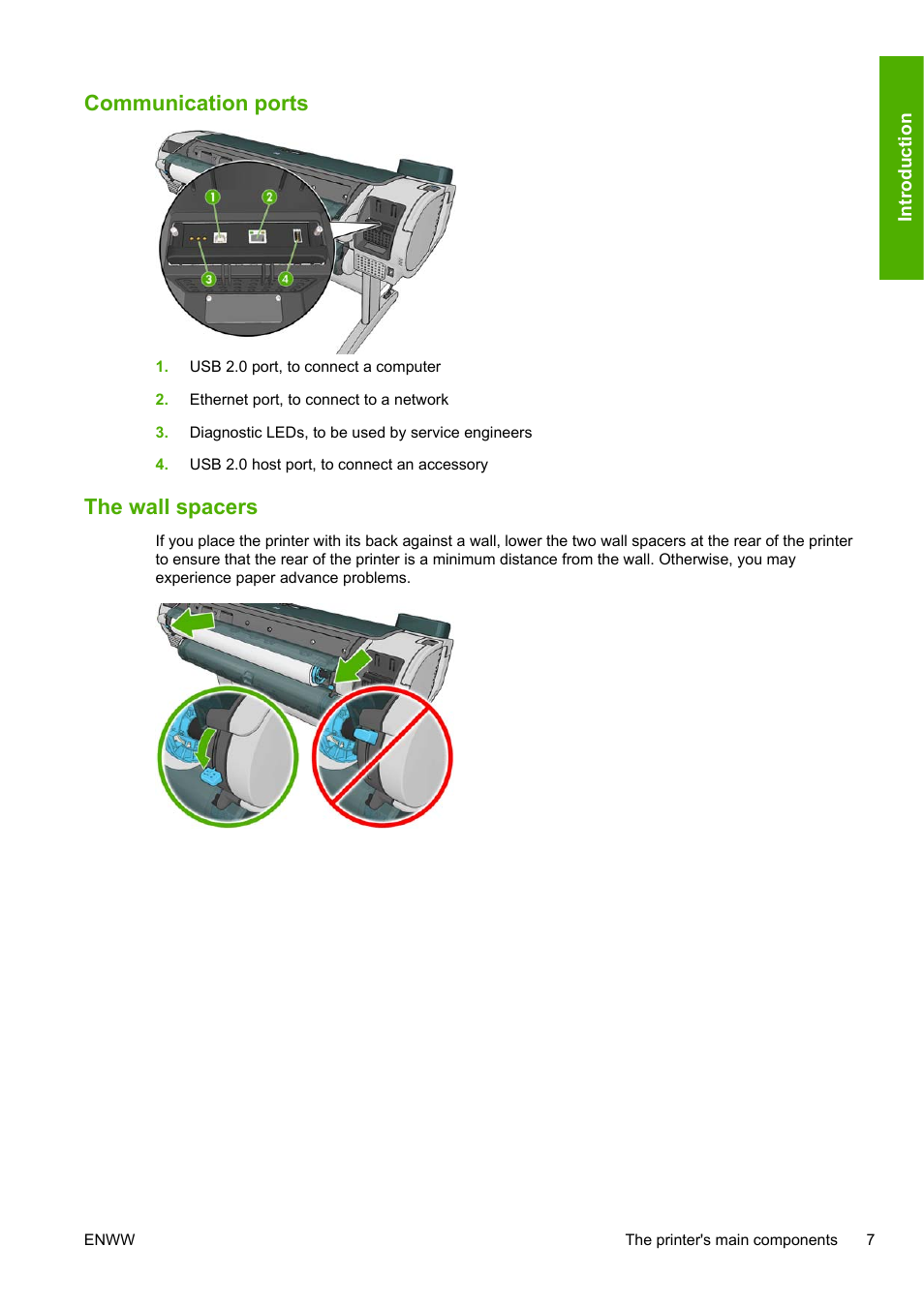 Communication ports, The wall spacers | HP Designjet T1200 Printer series User Manual | Page 15 / 200