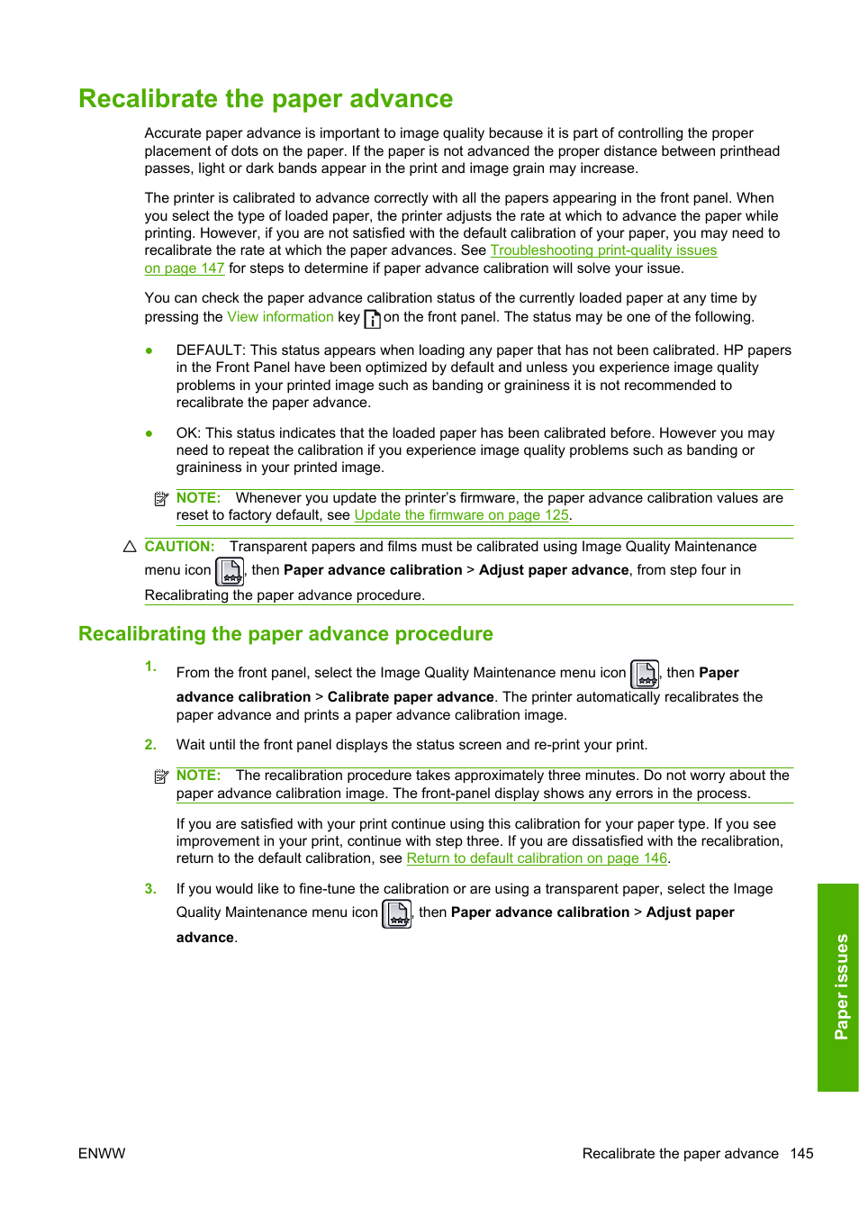 Recalibrate the paper advance, Recalibrating the paper advance procedure | HP Designjet T1200 Printer series User Manual | Page 153 / 200