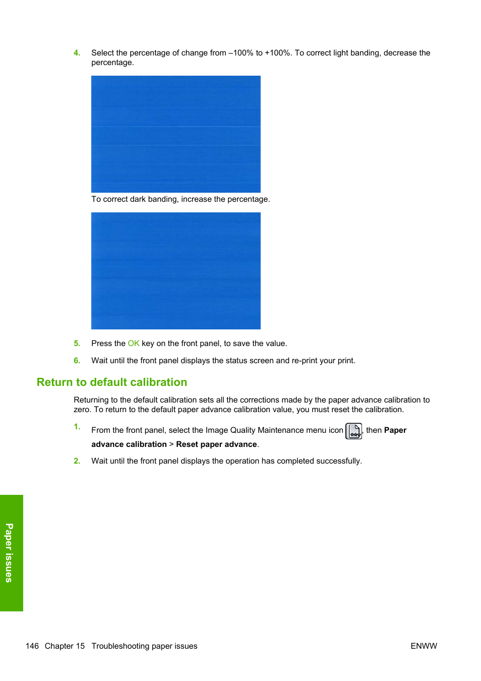 Return to default calibration | HP Designjet T1200 Printer series User Manual | Page 154 / 200