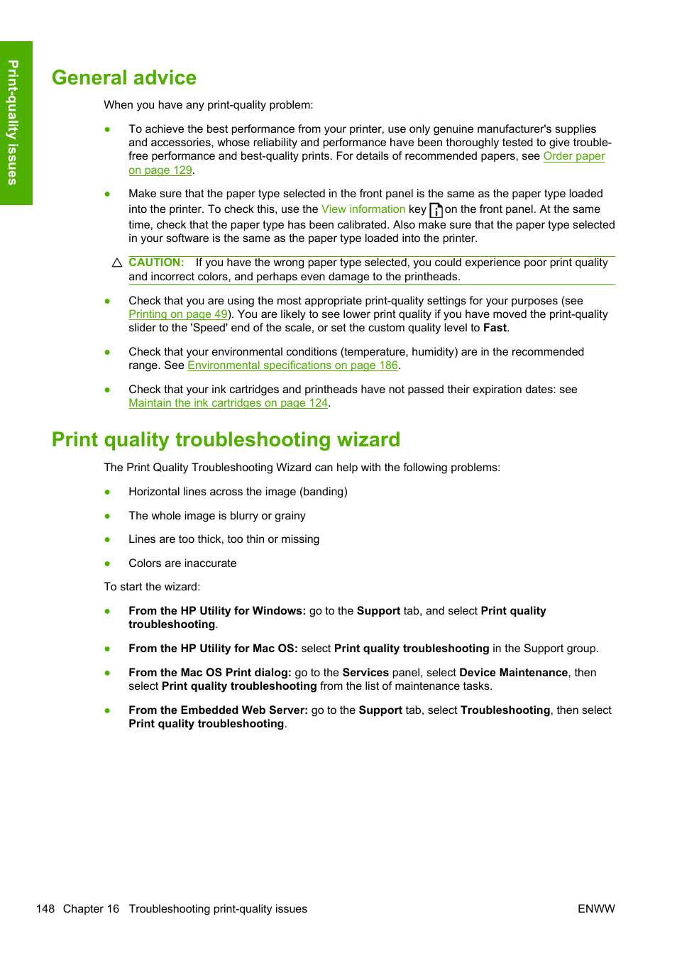 General advice, Print quality troubleshooting wizard | HP Designjet T1200 Printer series User Manual | Page 156 / 200
