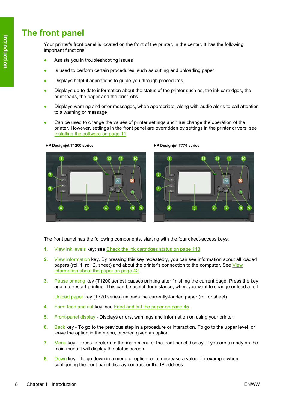 The front panel | HP Designjet T1200 Printer series User Manual | Page 16 / 200