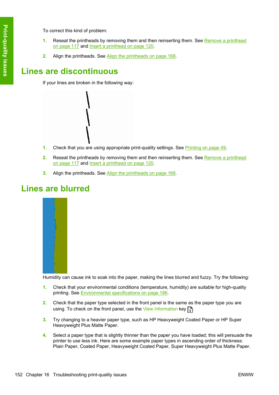 Lines are discontinuous, Lines are blurred, Lines are discontinuous lines are blurred | HP Designjet T1200 Printer series User Manual | Page 160 / 200