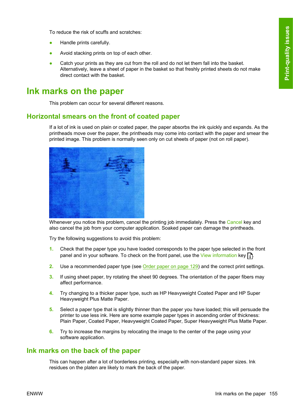 Ink marks on the paper, Horizontal smears on the front of coated paper, Ink marks on the back of the paper | HP Designjet T1200 Printer series User Manual | Page 163 / 200