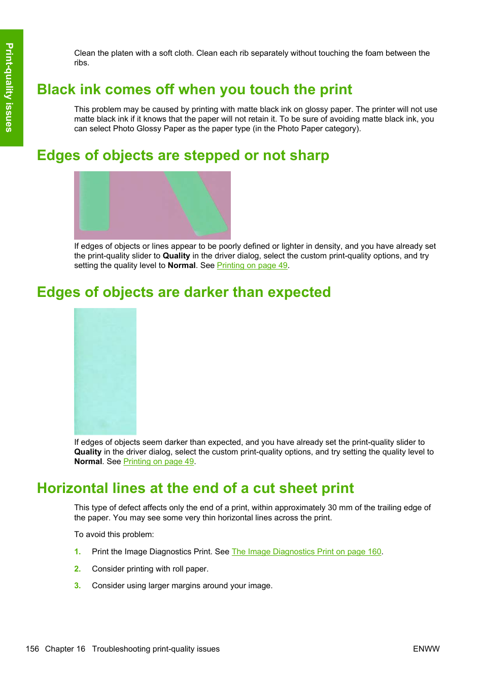 Black ink comes off when you touch the print, Edges of objects are stepped or not sharp, Edges of objects are darker than expected | Horizontal lines at the end of a cut sheet print | HP Designjet T1200 Printer series User Manual | Page 164 / 200