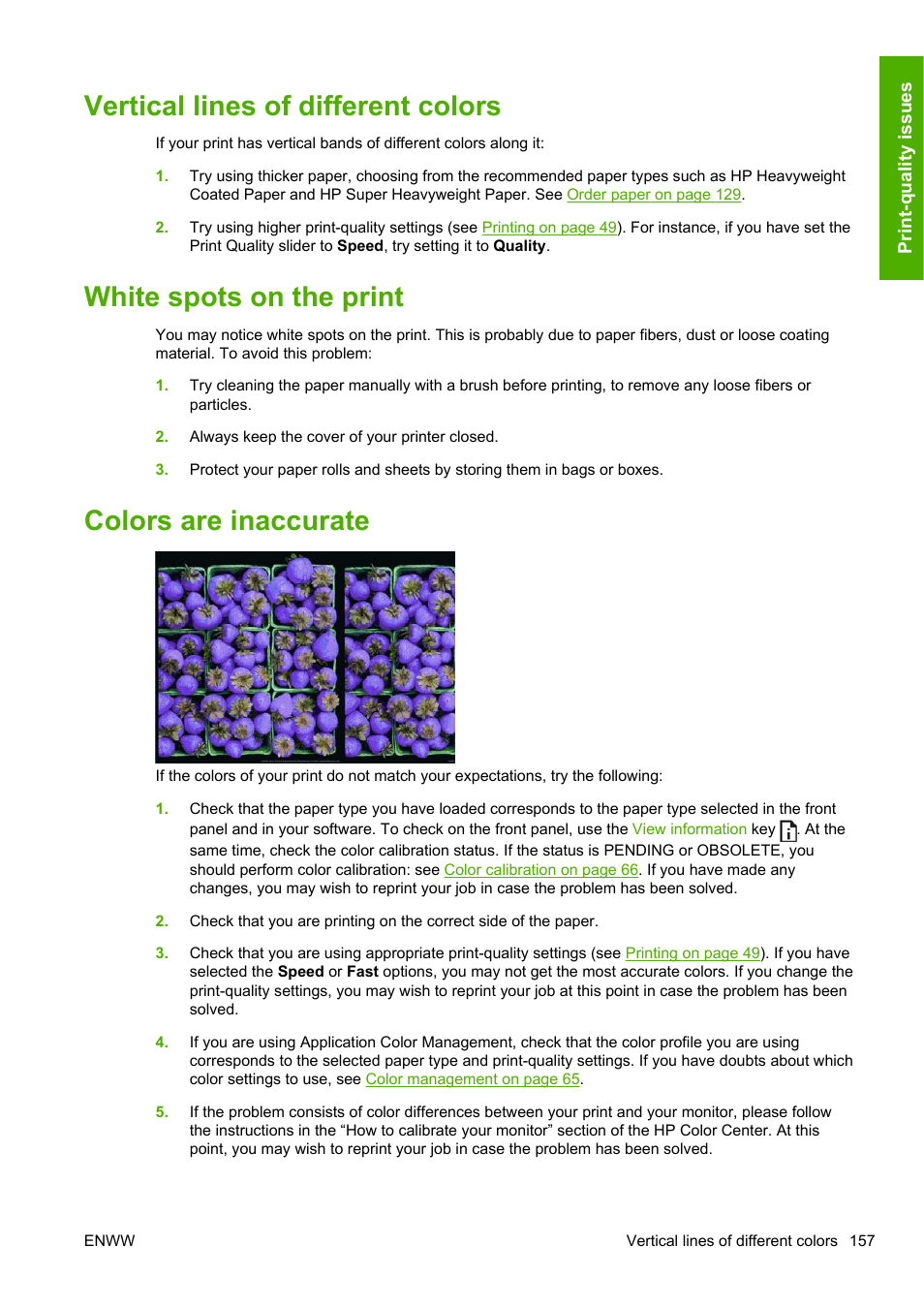 Vertical lines of different colors, White spots on the print, Colors are inaccurate | HP Designjet T1200 Printer series User Manual | Page 165 / 200