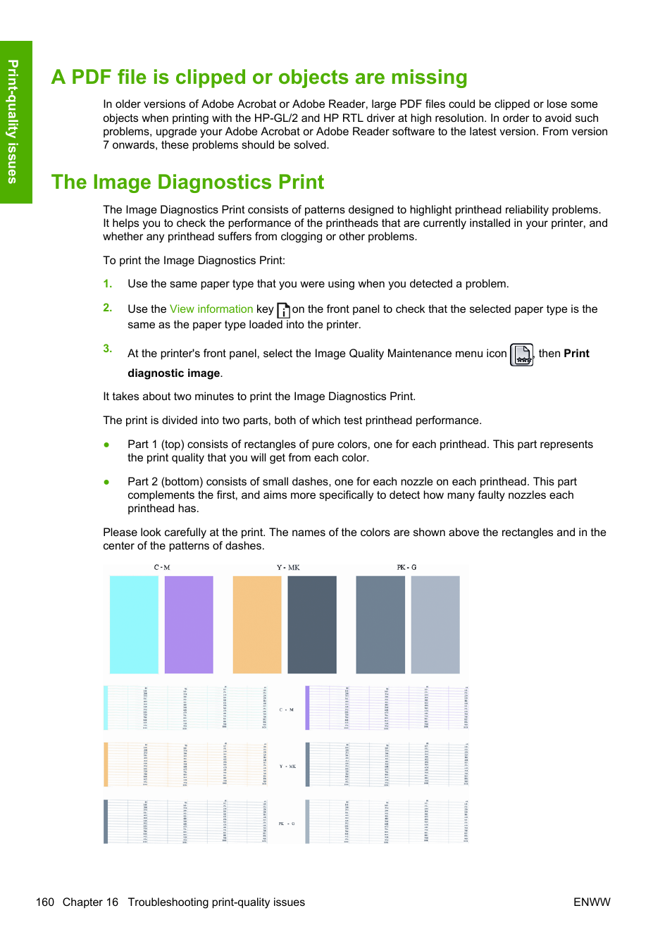A pdf file is clipped or objects are missing, The image diagnostics print, The image diagnostics | HP Designjet T1200 Printer series User Manual | Page 168 / 200