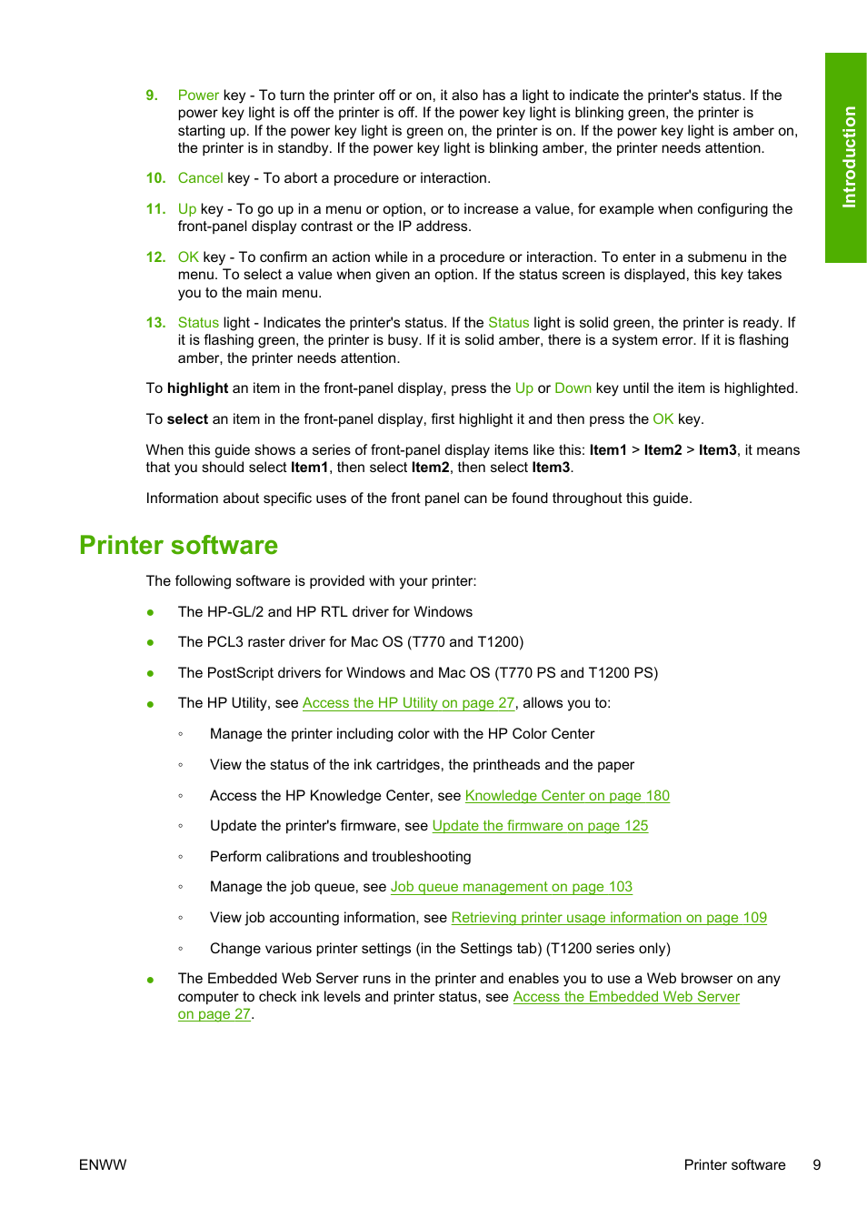 Printer software | HP Designjet T1200 Printer series User Manual | Page 17 / 200