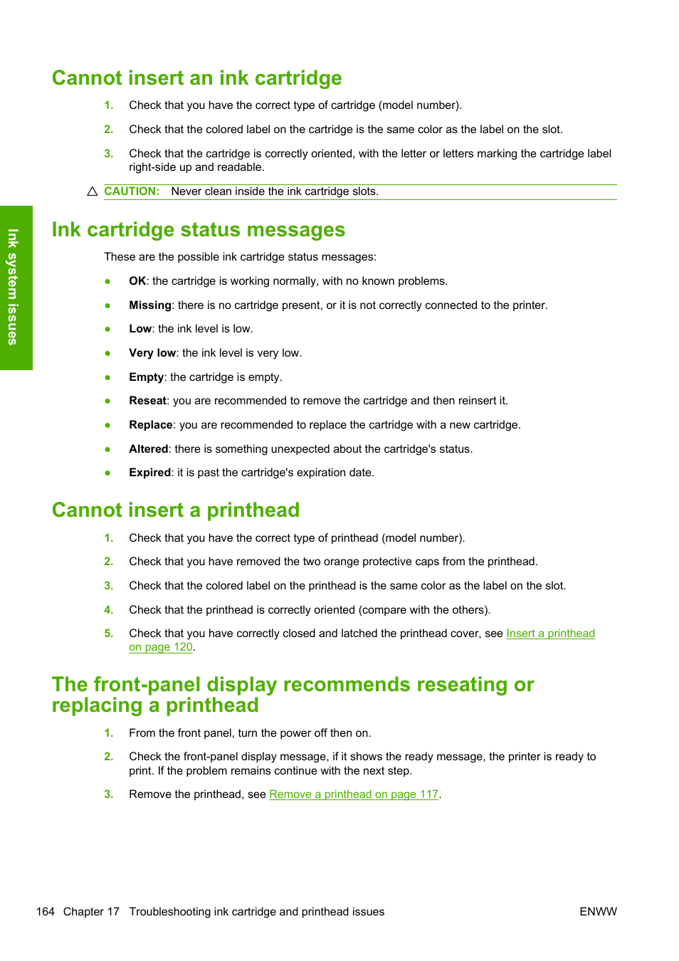 Cannot insert an ink cartridge, Ink cartridge status messages, Cannot insert a printhead | HP Designjet T1200 Printer series User Manual | Page 172 / 200