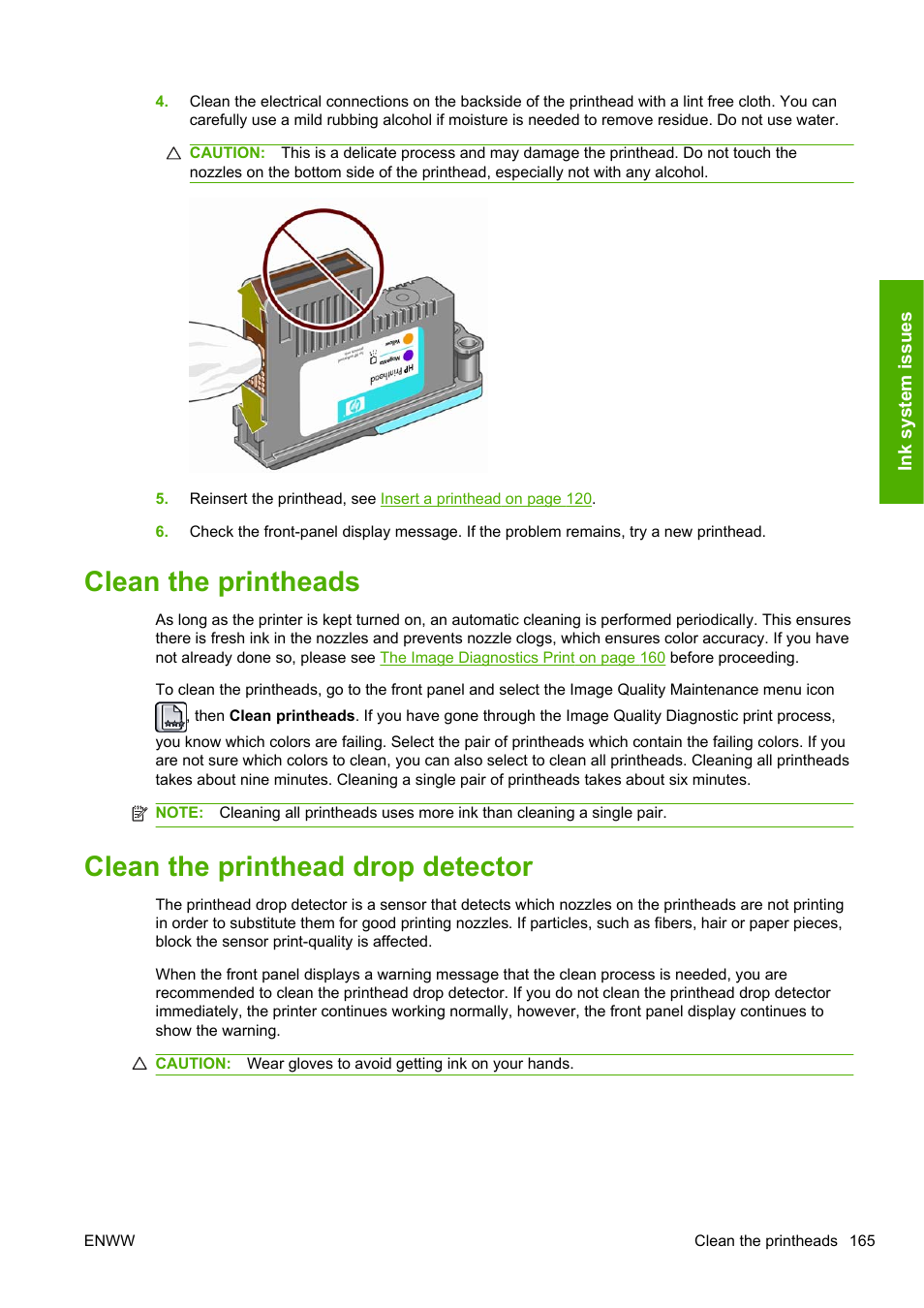 Clean the printheads, Clean the printhead drop detector, Ds (see | HP Designjet T1200 Printer series User Manual | Page 173 / 200