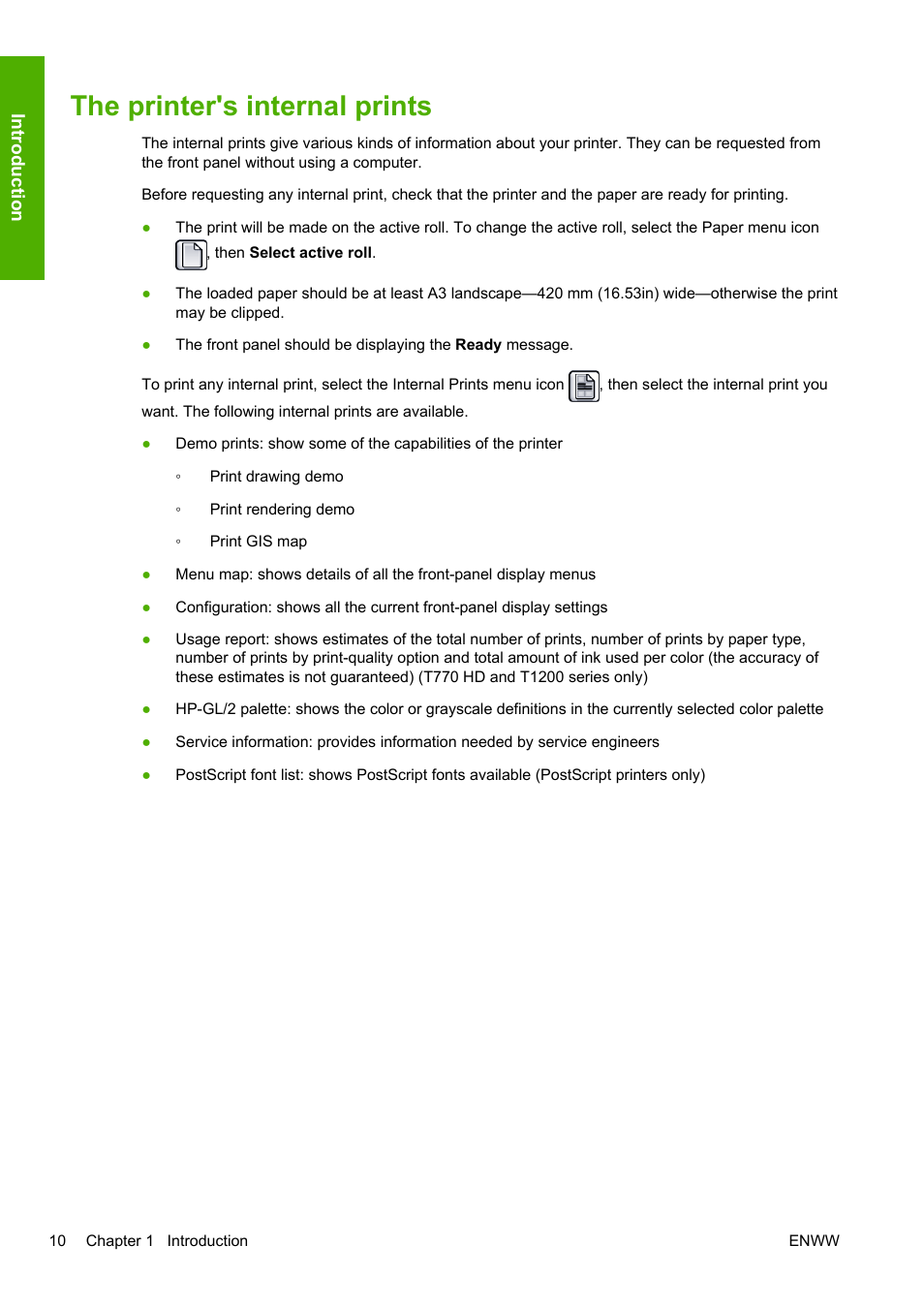 The printer's internal prints | HP Designjet T1200 Printer series User Manual | Page 18 / 200