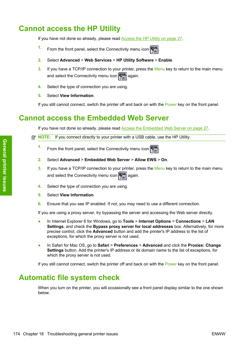 Cannot access the hp utility, Cannot access the embedded web server, Automatic file system check | HP Designjet T1200 Printer series User Manual | Page 182 / 200