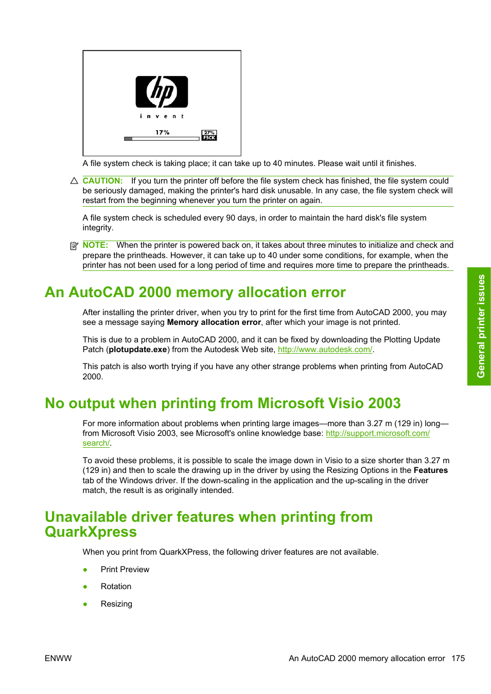 An autocad 2000 memory allocation error, No output when printing from microsoft visio 2003 | HP Designjet T1200 Printer series User Manual | Page 183 / 200