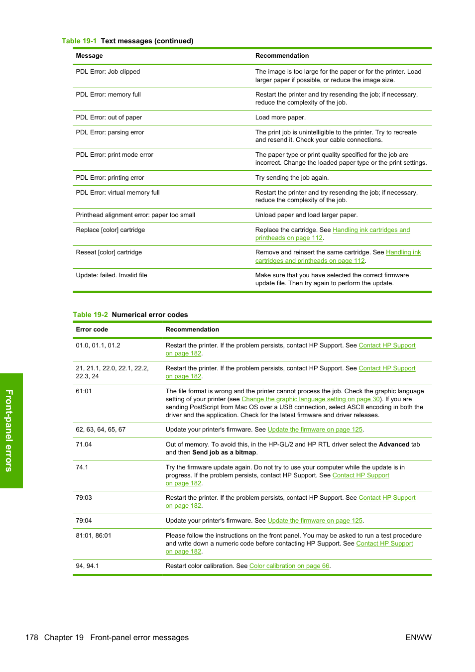 Front-panel errors | HP Designjet T1200 Printer series User Manual | Page 186 / 200