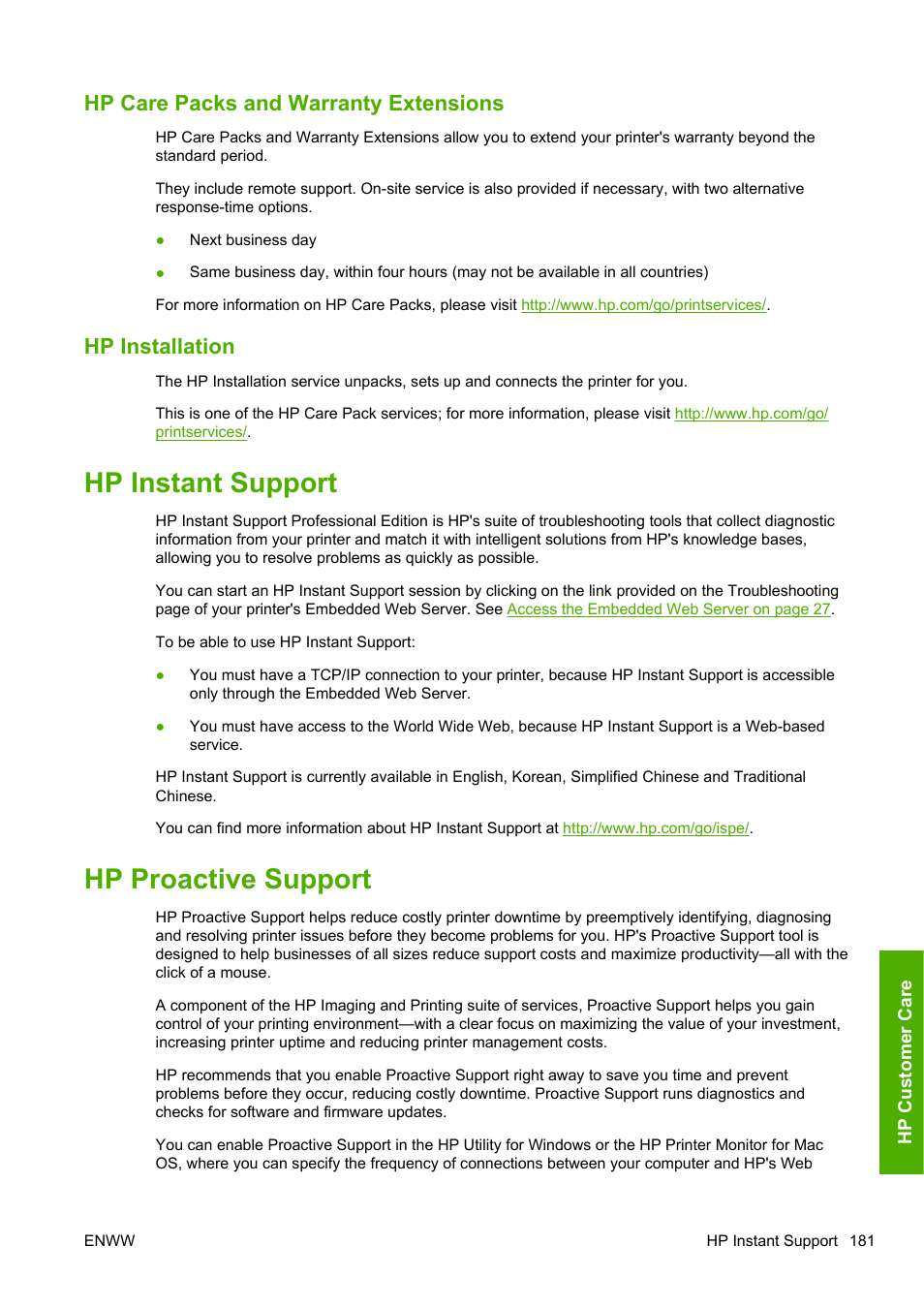 Hp care packs and warranty extensions, Hp installation, Hp instant support | Hp proactive support, Hp instant support hp proactive support | HP Designjet T1200 Printer series User Manual | Page 189 / 200