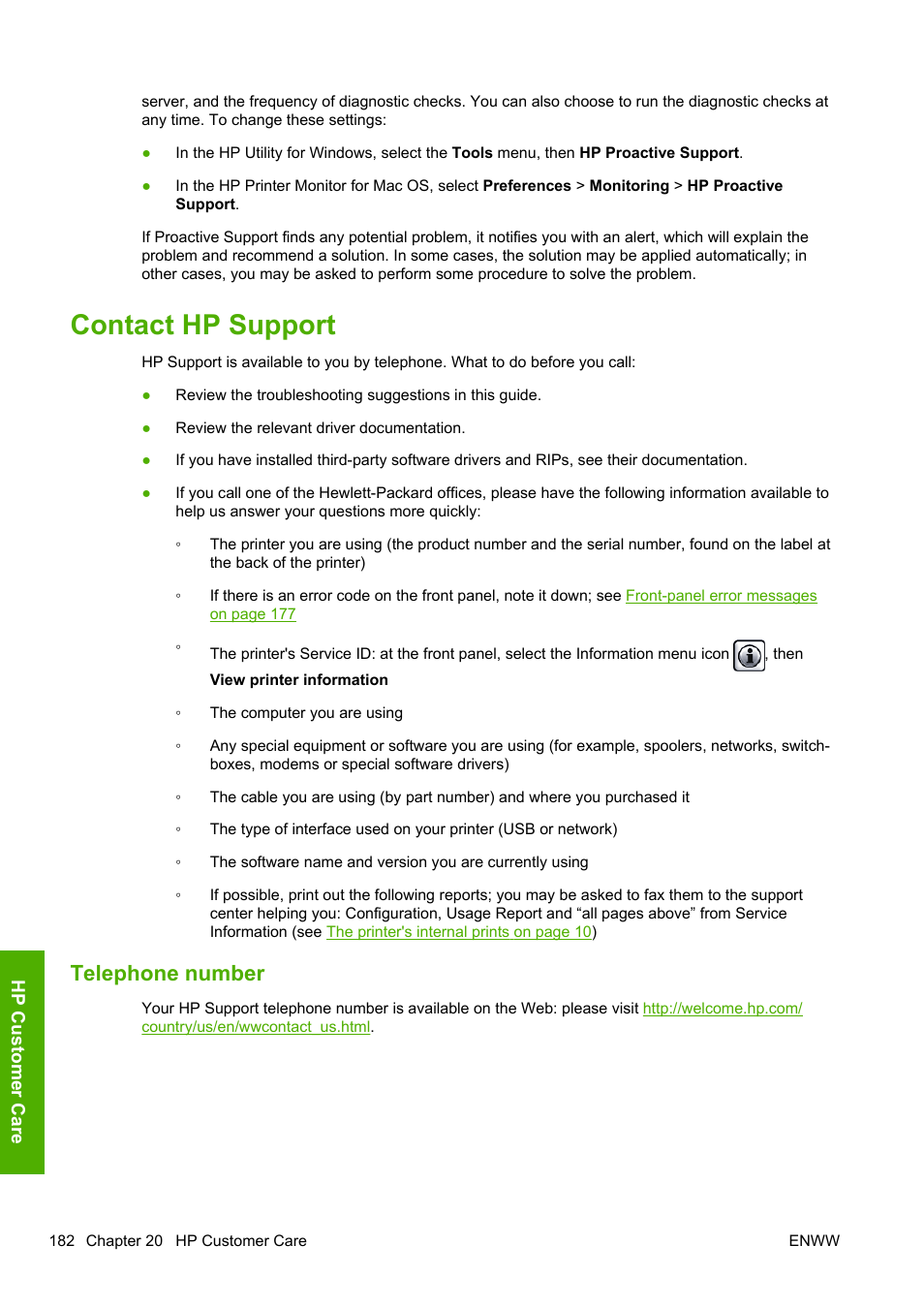 Contact hp support, Telephone number, Rt. see | HP Designjet T1200 Printer series User Manual | Page 190 / 200