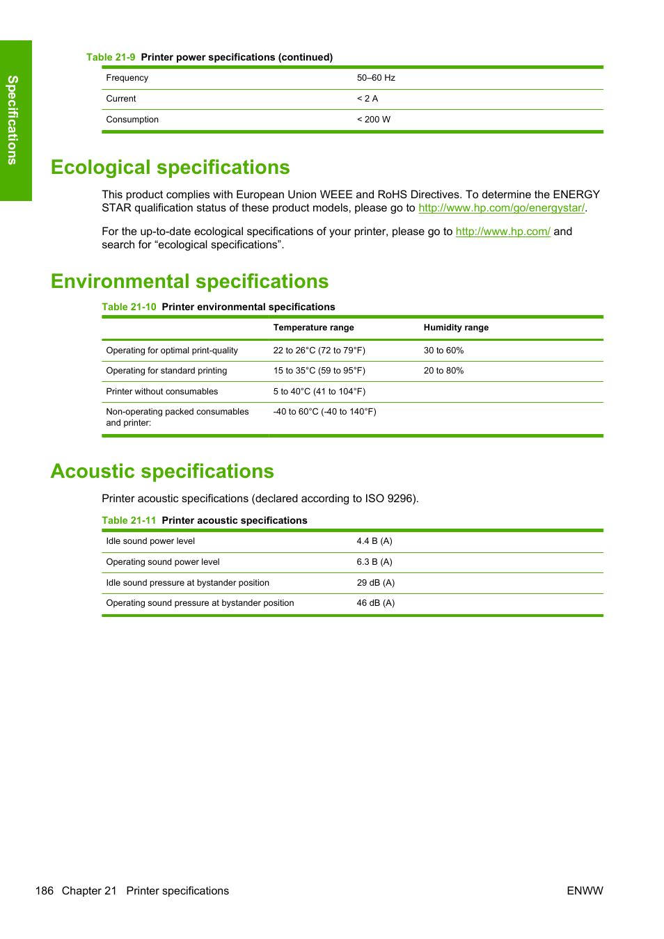 Ecological specifications, Environmental specifications, Acoustic specifications | Specifications | HP Designjet T1200 Printer series User Manual | Page 194 / 200