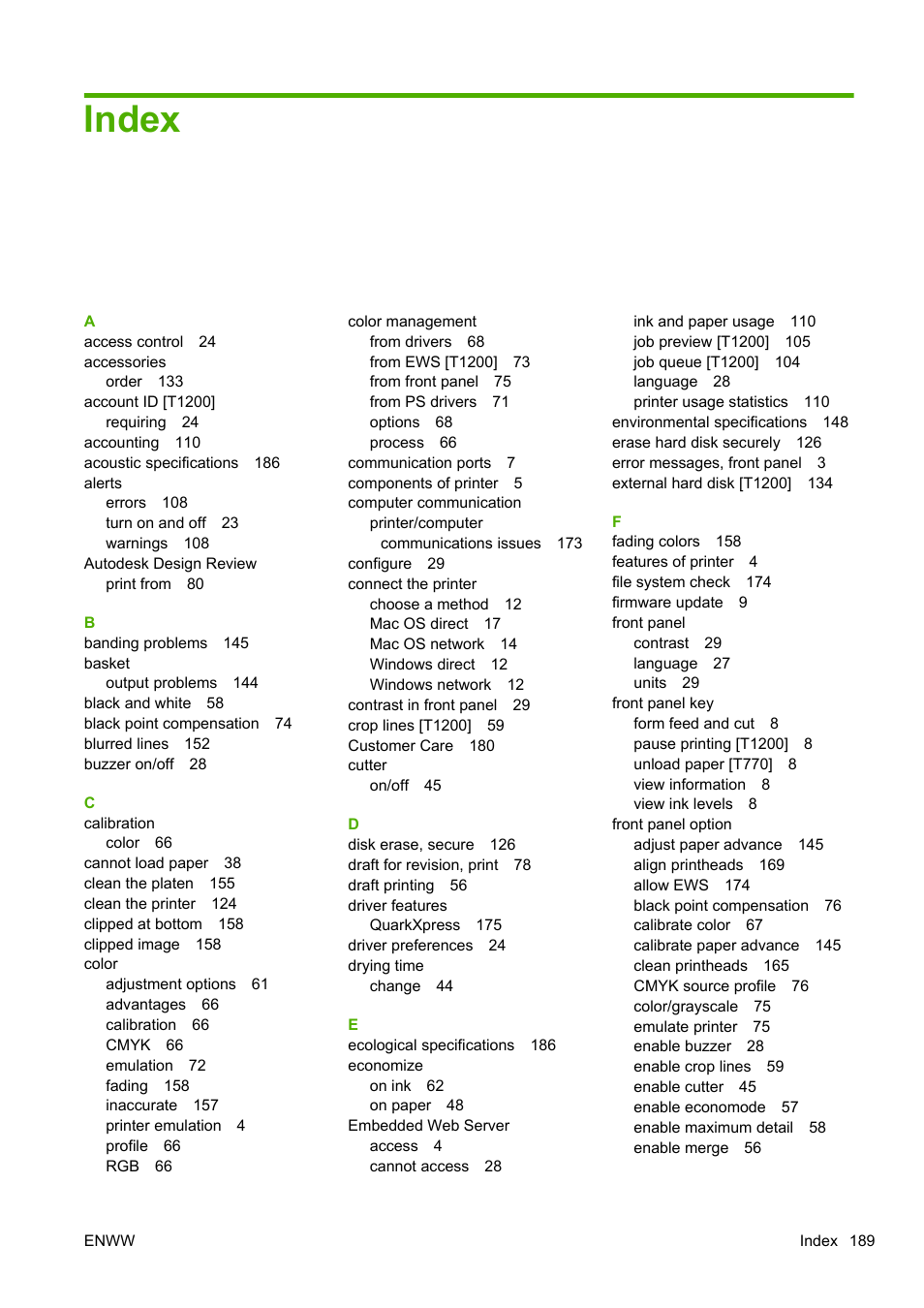 Index | HP Designjet T1200 Printer series User Manual | Page 197 / 200