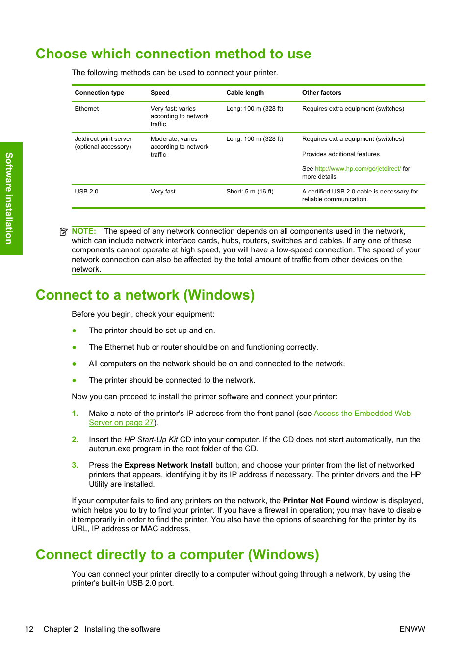 Choose which connection method to use, Connect to a network (windows), Connect directly to a computer (windows) | Software installation | HP Designjet T1200 Printer series User Manual | Page 20 / 200