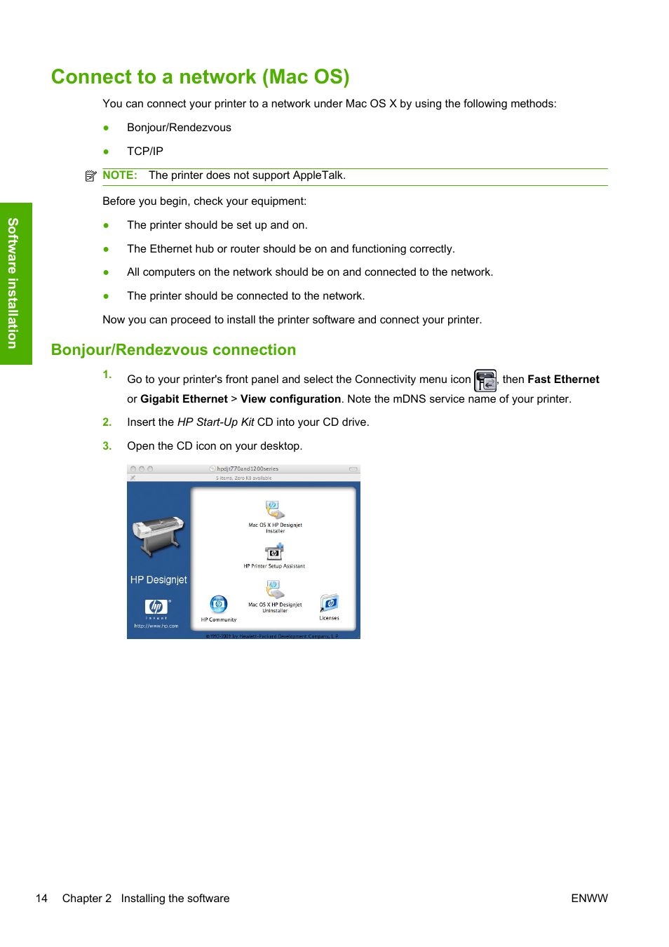 Connect to a network (mac os), Bonjour/rendezvous connection | HP Designjet T1200 Printer series User Manual | Page 22 / 200
