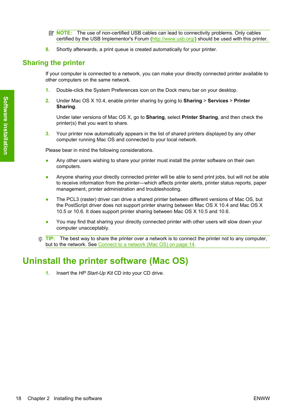 Sharing the printer, Uninstall the printer software (mac os) | HP Designjet T1200 Printer series User Manual | Page 26 / 200