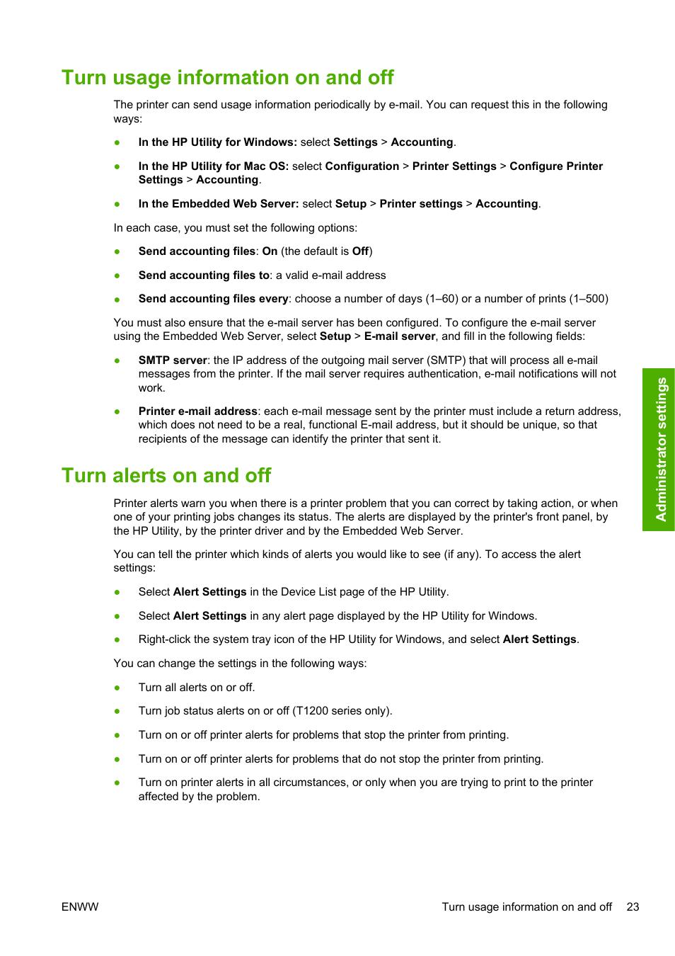 Turn usage information on and off, Turn alerts on and off | HP Designjet T1200 Printer series User Manual | Page 31 / 200