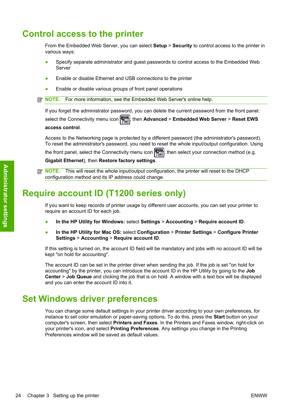Control access to the printer, Require account id (t1200 series only), Set windows driver preferences | HP Designjet T1200 Printer series User Manual | Page 32 / 200