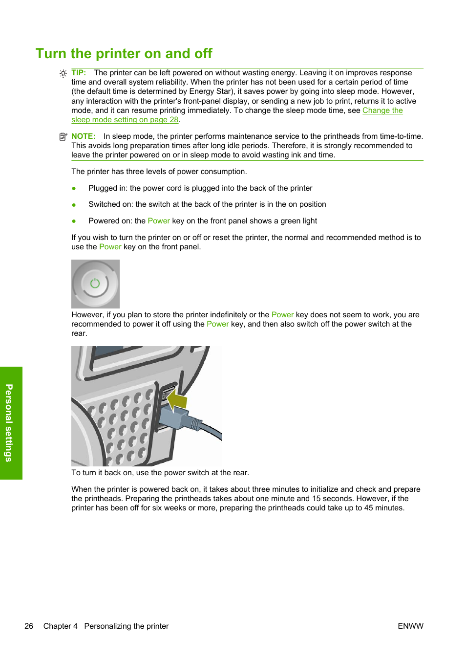 Turn the printer on and off | HP Designjet T1200 Printer series User Manual | Page 34 / 200