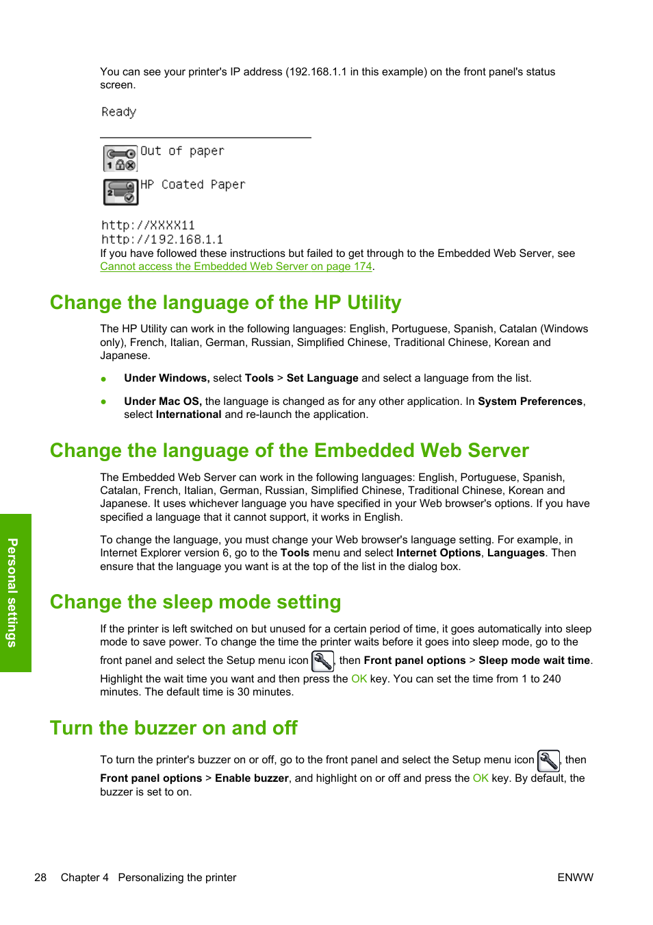 Change the language of the hp utility, Change the language of the embedded web server, Change the sleep mode setting | Turn the buzzer on and off, Change the | HP Designjet T1200 Printer series User Manual | Page 36 / 200