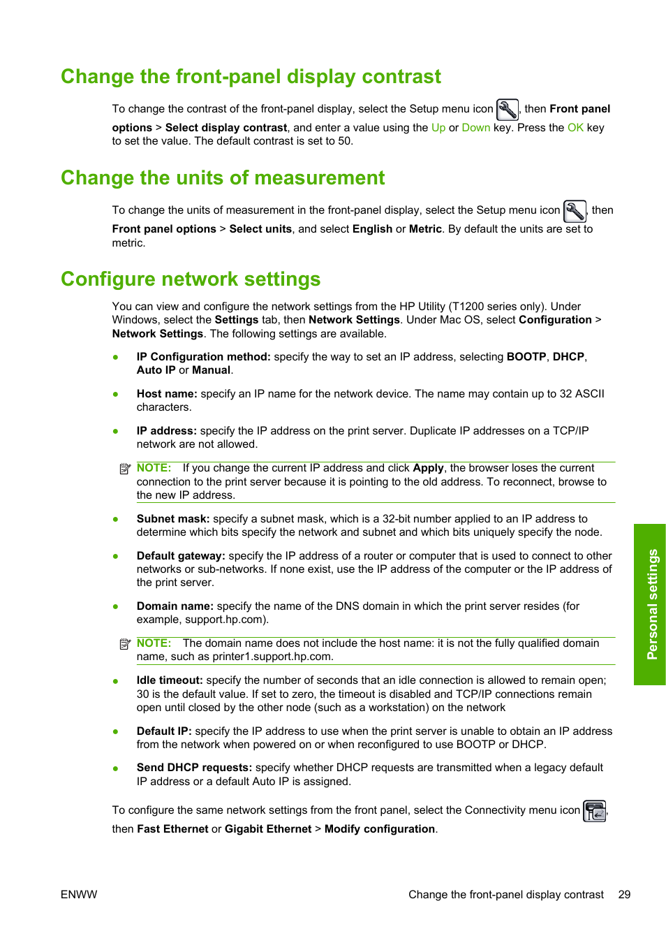 Change the front-panel display contrast, Change the units of measurement, Configure network settings | HP Designjet T1200 Printer series User Manual | Page 37 / 200