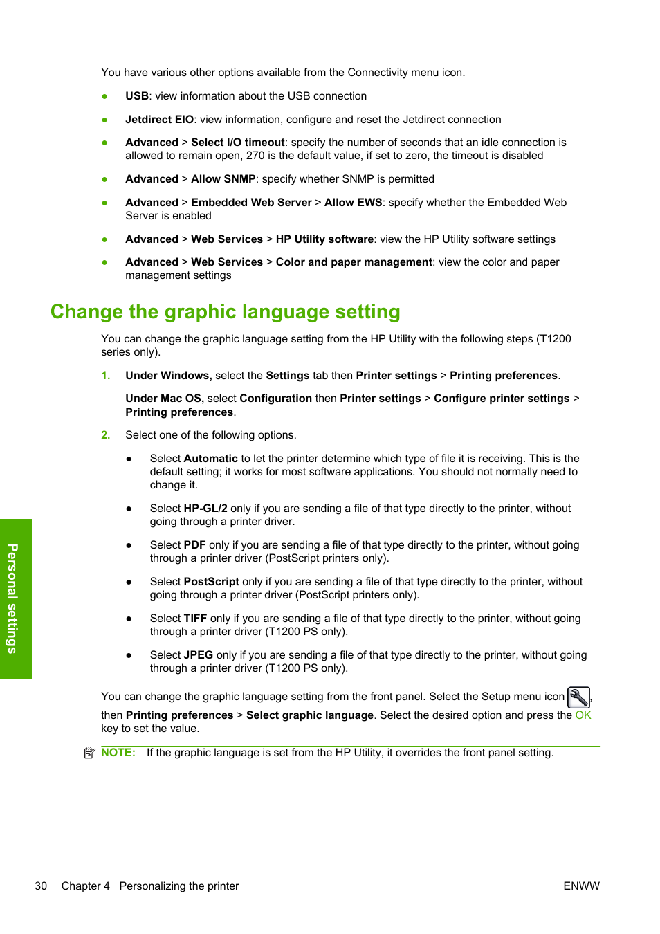 Change the graphic language setting | HP Designjet T1200 Printer series User Manual | Page 38 / 200