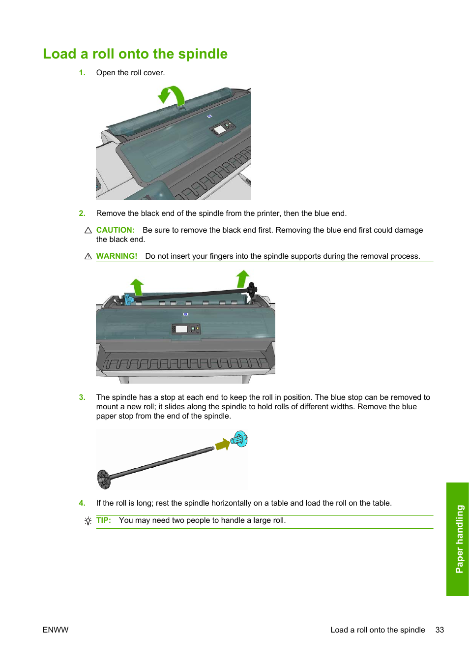 Load a roll onto the spindle | HP Designjet T1200 Printer series User Manual | Page 41 / 200